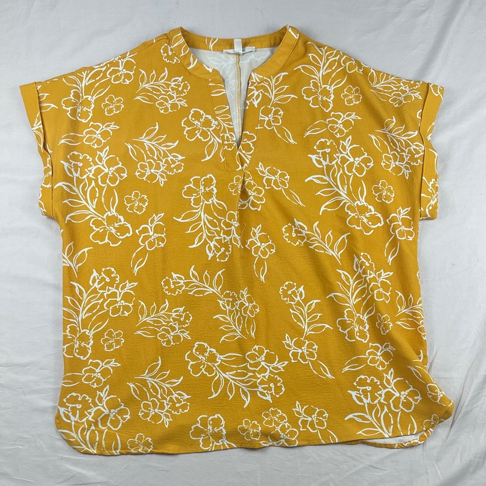 Women’s Mustard Yellow Floral Split V-Neck Blouse